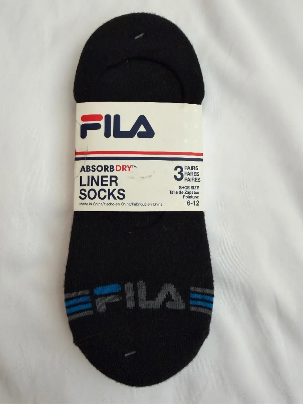 Aborb Dry Fila Mens 3 Pairs Black Liner Socks 6 - 12